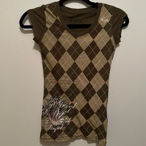 Sinful tee, XS, olive greenish brown argyle with tattoo bird